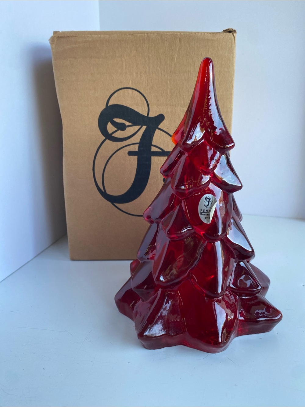 Fenton Glass 7” Red Amberina Christmas Tree 100th Anniversary Glowy W/Box